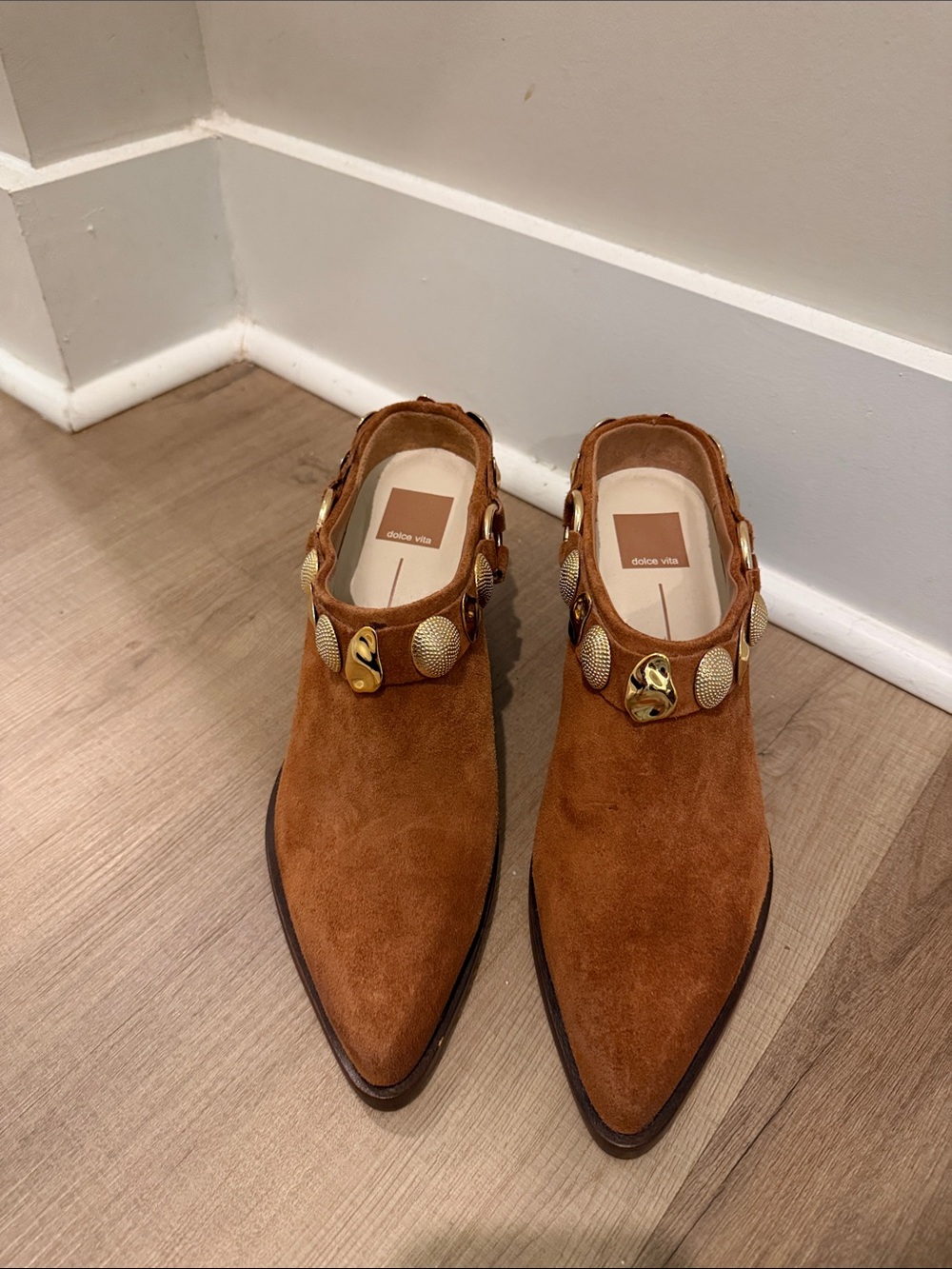 Dolce Vita Tan Suede Pointed Mules with Gold Medallion Accents